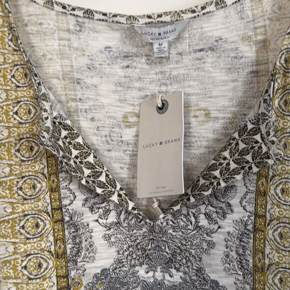 Lucky Brand Floral Tie Waist Cotton Modal V-Neck Top Shirt Boho Ornate Print Med - Picture 4 of 8